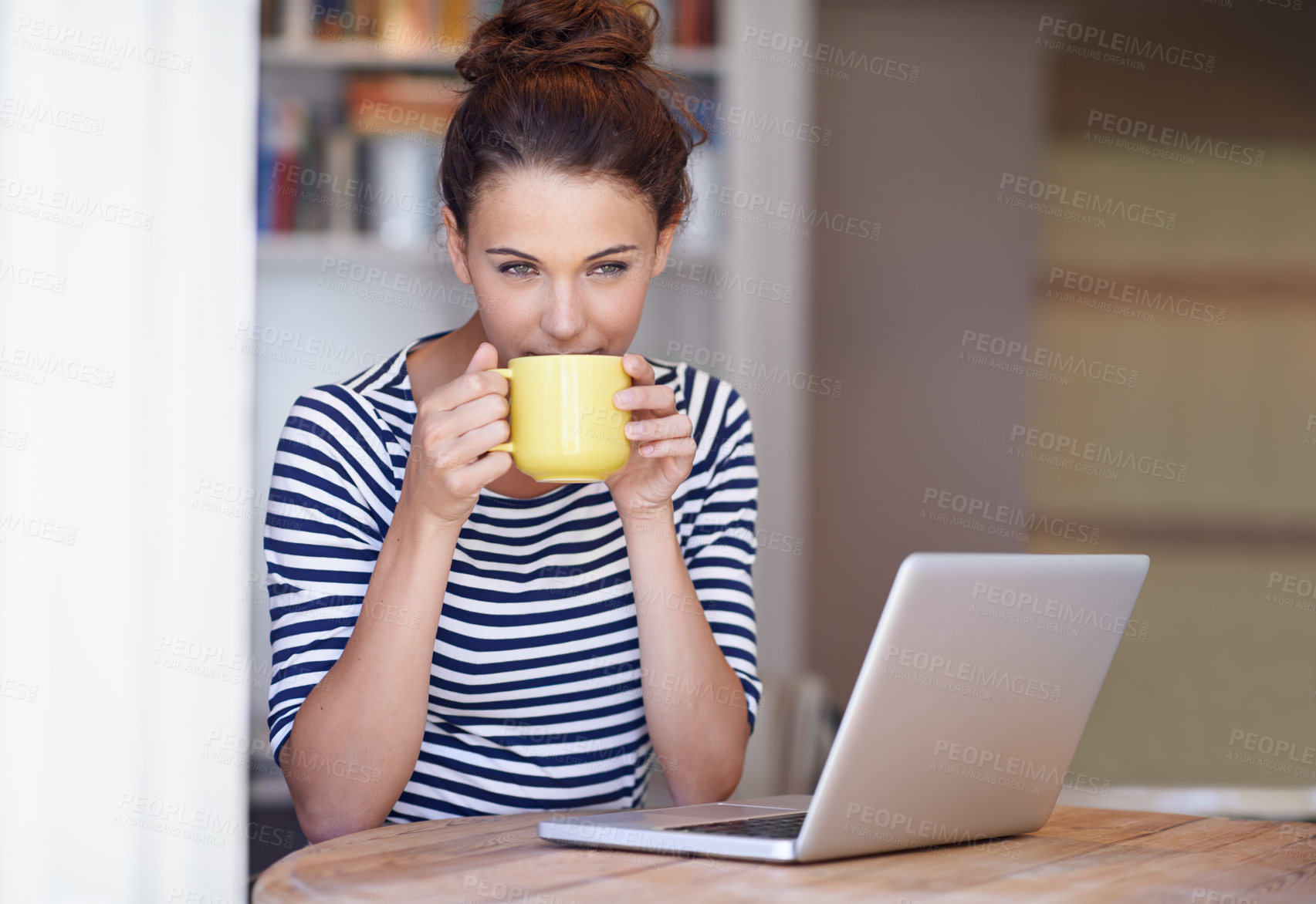 Buy stock photo Relax, coffee and woman in home office with laptop, thinking and website research for business networking. Freelance, remote work and girl at table on computer for communication, email and online job