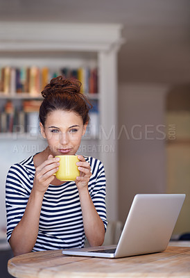 Buy stock photo Thinking, coffee and woman in home office with laptop, idea and online job for business networking. Freelance, remote work and girl at table with computer for communication, reflection and relax.