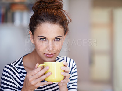 Buy stock photo Woman, portrait and drinking coffee for relaxation, home and confidence for weekend and wellness. Female person, cup and tea while on break with latte, cappuccino and mug while ready to sip and chill