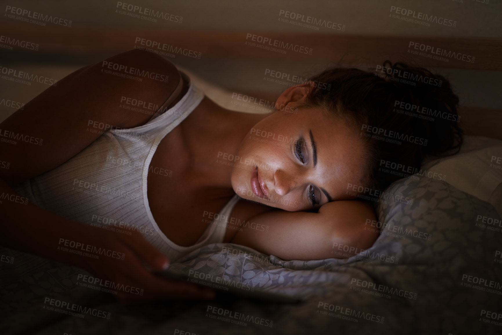 Buy stock photo Female person, tablet and bed at night, scrolling and entertainment with tech and relaxing for peace before sleep. Woman, browsing and online for home, internet and ebook or social media