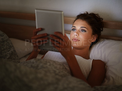 Buy stock photo Woman, tablet and browsing at night, scrolling and entertainment with tech and relaxing for peace before sleep. Female person, browsing and online for home, internet and elearning or social media