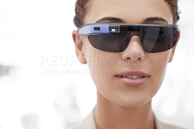Buy stock photo Closeup, portrait and woman with futuristic sunglasses for fashion, technology or protection from sun. Augmented reality, bokeh and face of female person for smart glasses, innovation and internet.