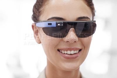 Buy stock photo Augmented reality, woman and portrait with smart glasses for internet, technology or protection from sun. Metaverse, face and happy female person for innovation, futuristic eyewear and fashion.