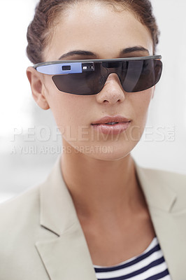 Buy stock photo Virtual reality, portrait and woman with smart glasses for technology, internet or protection from sun. Metaverse, bokeh and face of female person for sunglasses, innovation and user experience.