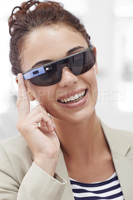 Buy stock photo Augmented reality, portrait and woman with smart glasses for technology, confidence or protection from sun. Metaverse, face and female person in futuristic eyewear for fashion, web and innovation.