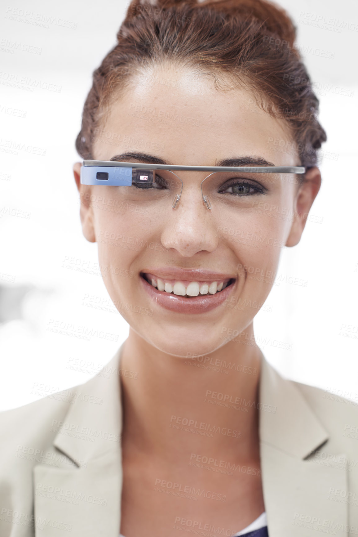 Buy stock photo Virtual reality, portrait and businesswoman with smart glasses for internet connection in office. Future technology, workplace and happy girl with designer VR eyewear, vision and online communication