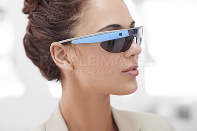 Buy stock photo Augmented reality, face and woman in smart glasses, internet connection and online business in office. Future technology, workplace and consultant with designer VR sunglasses, vision and electronics