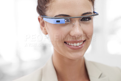 Buy stock photo Virtual reality, portrait and woman with smart glasses for internet connection in office. Future technology, google and agent with designer VR eyewear, vision and online business communication