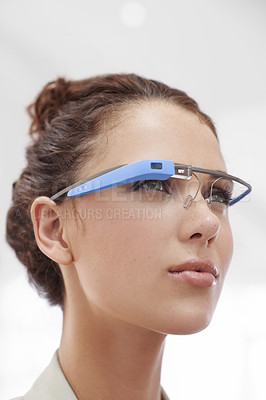 Buy stock photo Augmented reality, business and woman with smart glasses for internet networking in office. Future technology, workplace and consultant with designer VR eyewear, vision and online communication.