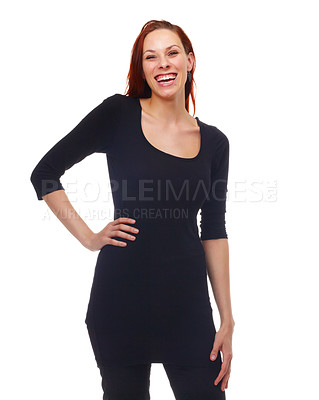 Buy stock photo Portrait, funny and excited with woman, smile and model isolated on a white studio background. Face, person and girl with casual outfit and happiness with confidence and proud with humor and laughing