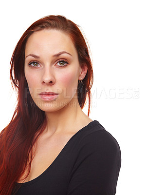 Buy stock photo Serious, redhead and beauty woman on isolated, white background and cosmetic skincare for confident person. Treatments and aesthetic makeup for glowing skin, self care and natural studio portrait