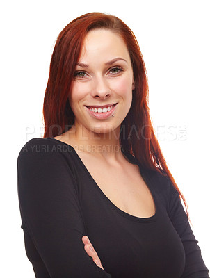 Buy stock photo Portrait, smile and woman with arms crossed, confident model and beauty isolated on a white studio background. Face, person and girl with pride and cheerful with joy and happiness with peace