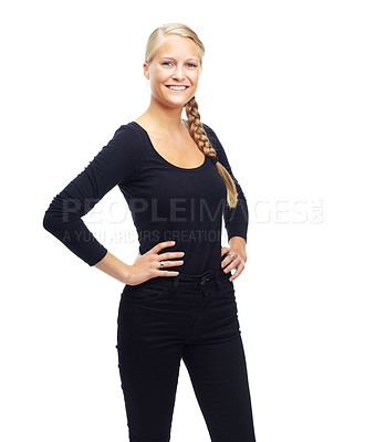 Buy stock photo Portrait, fashion and happy woman in studio with cool, trendy or classic clothes on white background. Style, face and female model smile for fashionable outfit choice, confidence or positive mindset