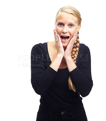Buy stock photo Wow, woman and portrait in studio with sale for announcement, gossip or discount deal with wtf expression. Person, face and surprised with good news, winner and surprise offer on white background
