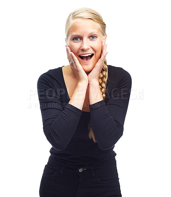 Buy stock photo Wow, woman and portrait in studio with happiness for announcement, gossip or discount deal with wtf expression. Person, face and surprised with good news, winner and sale offer on white background