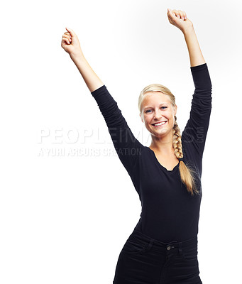 Buy stock photo Happy, portrait and excited woman in studio with winner fist, celebration or news announcement on white background. Success, face or model with hands up for competition, results or prize giveaway 