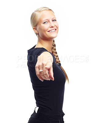 Buy stock photo Portrait, happy woman and hand pointing at you in studio for news, deal or info on white background. Face, smile or female model show prize, vote or competition giveaway, promotion or invitation