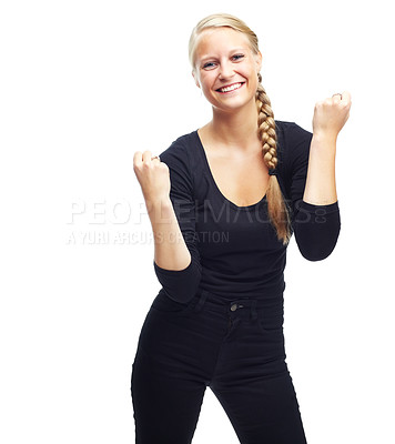 Buy stock photo Portrait, happy and excited woman in studio with winner fist, celebration or news announcement on white background. Success, face or model with wow hands for competition, results or prize giveaway 