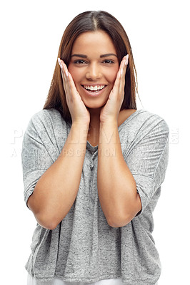 Buy stock photo Wow, surprise and hands on face of woman in studio with shocking news, announcement or info on white background. Omg, portrait and female model with mind blown emoji, reaction gesture for giveaway