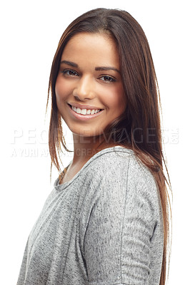 Buy stock photo Fashion, portrait and woman in studio with smile for trendy, style and beauty on white background. Female person, face and expression with happiness for confidence, cosmetics and glow with makeup