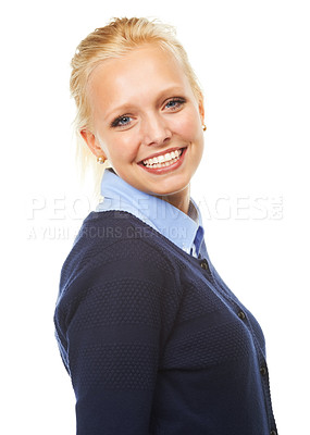 Buy stock photo Portrait, fashion and happy woman in studio for style in trendy outfit isolated on white background. Face, confidence or smile of young model, student or blonde girl in casual clothes in Switzerland