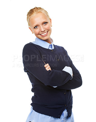 Buy stock photo Studio, portrait and happy business woman with arms crossed and confident in career by white background. German designer, pride and positive face in style and commitment in creative job to fashion