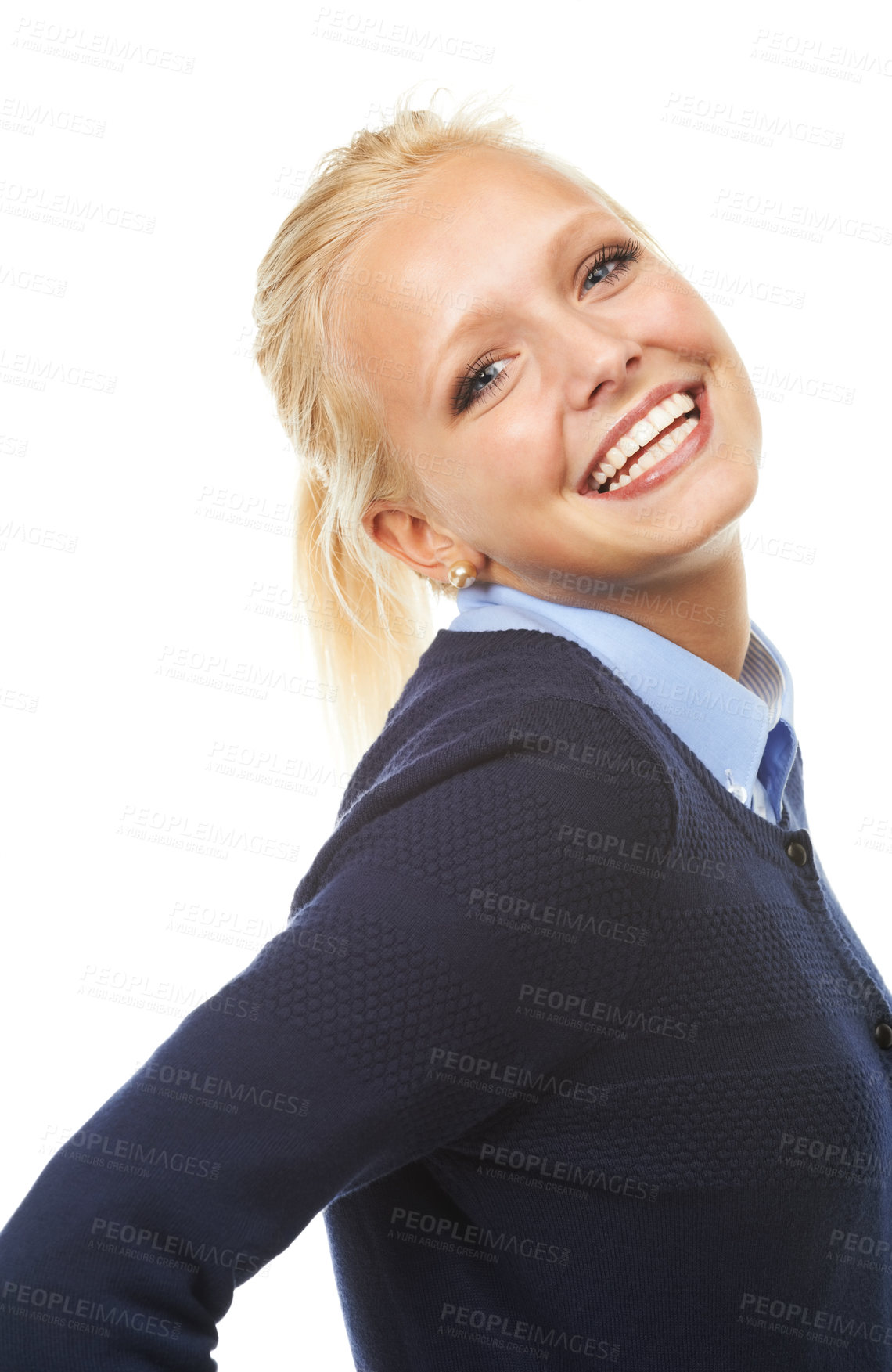 Buy stock photo Studio, portrait and positive business woman in career and commitment to job by white background. German designer, young or happy face in style fashion for development or ambition to grow in industry