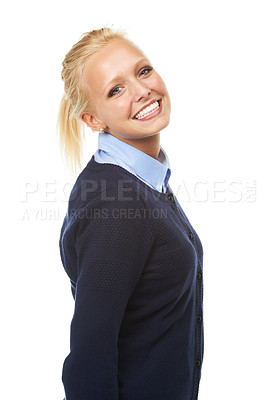 Buy stock photo Portrait, fashion and smile of woman in studio for style in trendy outfit isolated on white background. Face, confidence or happy young model, student or blonde girl in casual clothes in Switzerland