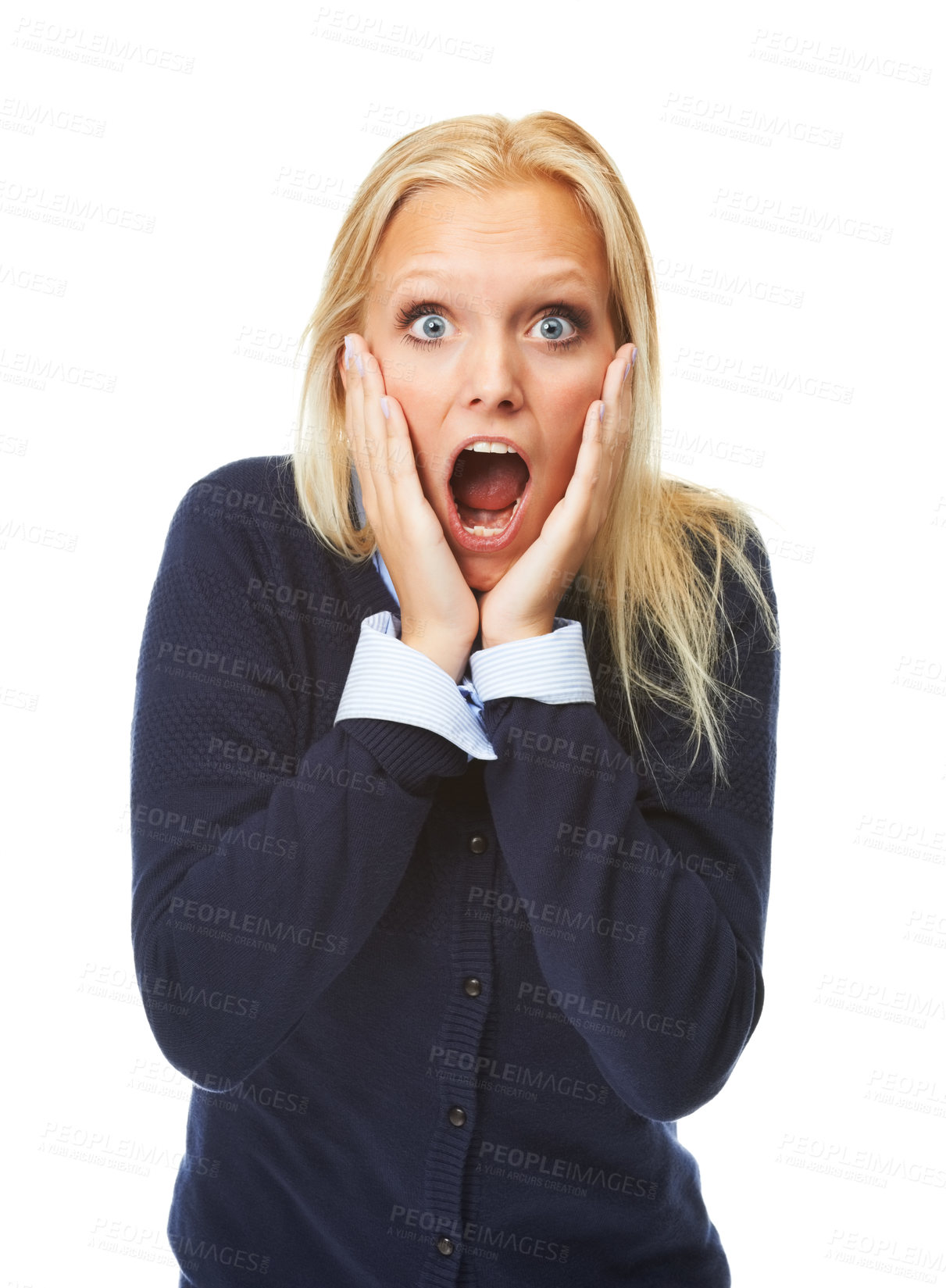 Buy stock photo Wow, woman and portrait in studio with surprise for announcement, gossip or discount deal with wtf expression. Person, face and surprised with good news, winner and sale offer on white background