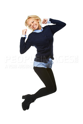 Buy stock photo Happy, excited woman and jump in studio for lottery, announcement or bonus on white background. Energy, success and female model with celebration for competition prize, giveaway or poker jackpot