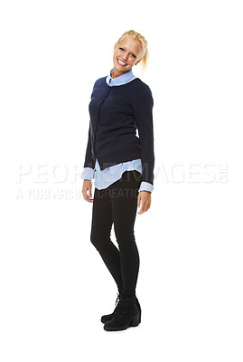 Buy stock photo Portrait, fashion and smile of woman in studio isolated on a white background mockup space. Model, blonde student and happy person in casual clothes, trendy or stylish outfit in Sweden on a backdrop