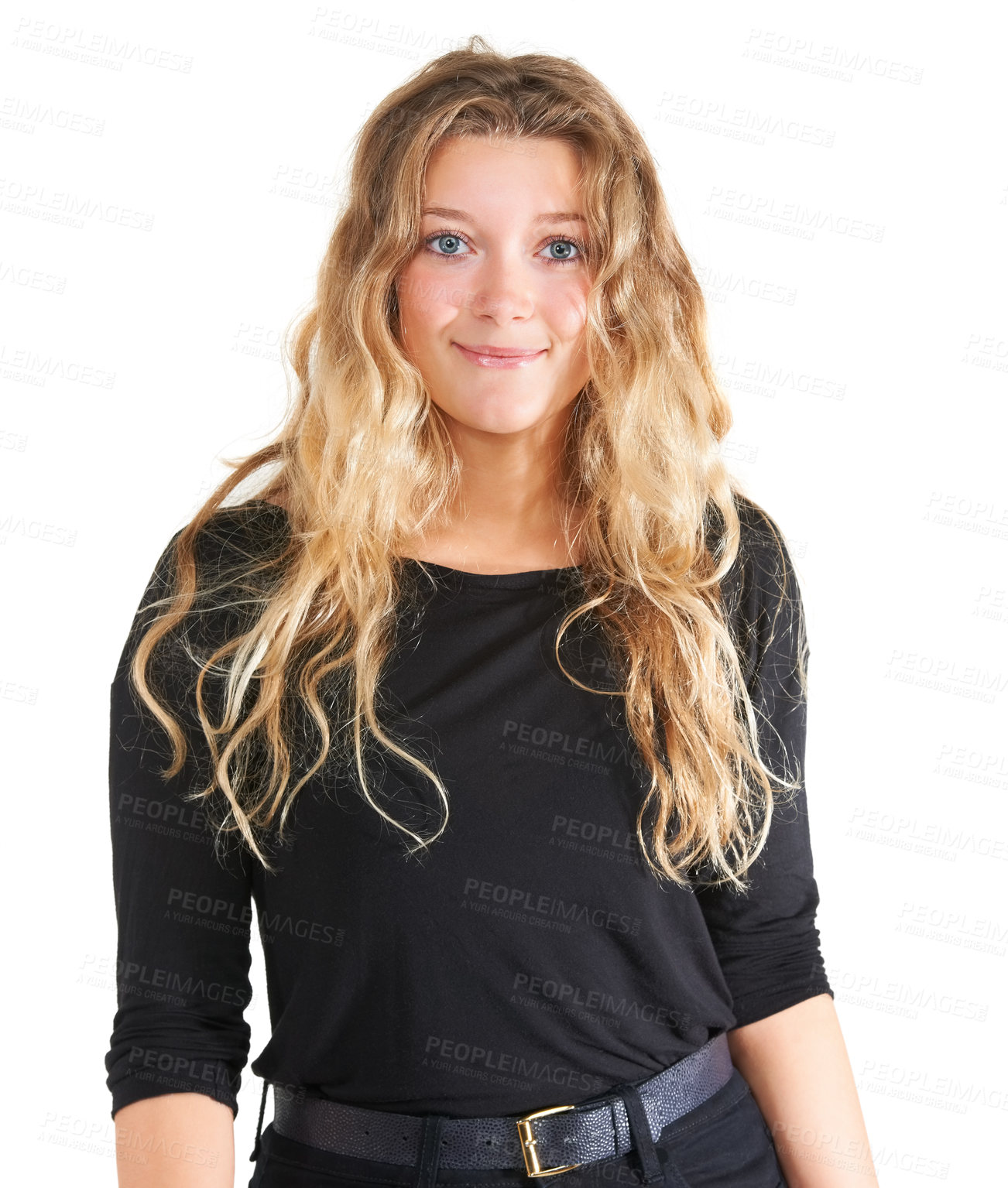 Buy stock photo Studio, portrait or positive student with fashion or trendy style, confident or gen z aesthetic by white background. German woman, casual or long hair with smile face or funky clothes or street wear