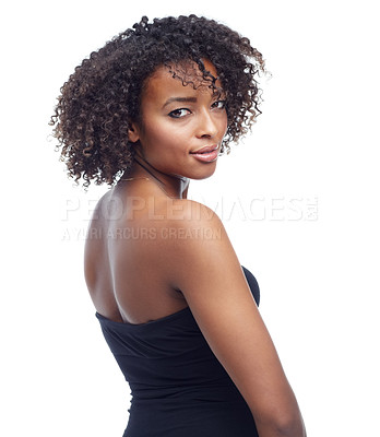 Buy stock photo Portrait, black woman with skin and beauty for hair, texture and natural curls with cosmetics on white background. Cosmetology, makeup and haircare for growth, relax with confidence and smile