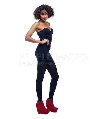 Buy stock photo Black woman, portrait and fashion with high heels in studio, edgy stylish outfit for style and hair isolated on white background. Haircare, curls or afro with confident pose and chic designer clothes