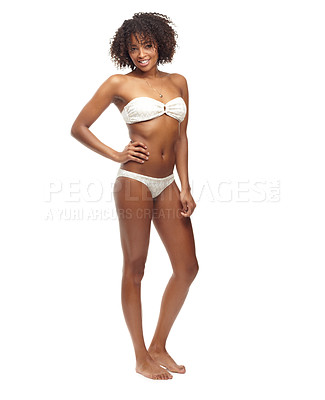Buy stock photo Portrait, mockup and black woman with fitness, bikini and confident girl isolated against a white studio background. Face, female person and model with beauty, self care and lingerie with wellness