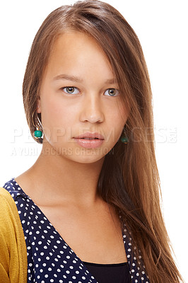 Buy stock photo Studio, portrait and confident girl with glow of natural beauty, youth and skin care for teens by white background. Young model, green eyes or long hair for fresh face, treatment or shine in closeup