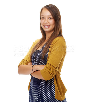 Buy stock photo Studio, portrait and happy student with arms crossed, smile and commitment in elegant clothes by white background. English woman, pride and positive face in dress and gen z person in casual fashion 