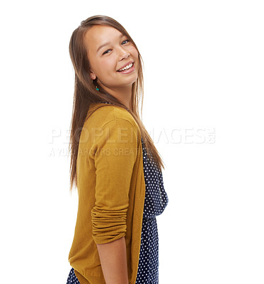 Buy stock photo Fashion, happy and portrait of woman on a white background in trendy, stylish and casual clothes. Smile, attractive and isolated person with style for positive attitude, pride and cosmetics in studio