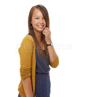 Buy stock photo Studio, portrait and happy student with fashion, wellness and relax in style clothes by white background. English woman, young and positive face for studies and gen z aesthetic in casual dress