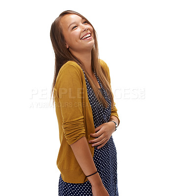 Buy stock photo Studio, happy and student with laughing for goofy joke and thinking of comedy or nerdy by white background. Young, gen z woman and smile for silly event or funny memory and crazy humor in mock up
