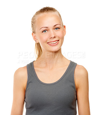 Buy stock photo Portrait, fitness and smile with sports woman in studio isolated on white background for health. Face, exercise and wellness with happy young personal trainer in tank top for training or gym workout