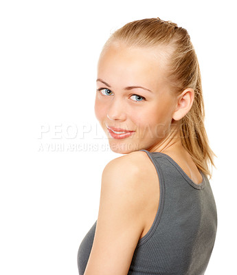 Buy stock photo Portrait, fitness and smile with shoulder of woman in studio isolated on white background for workout. Face, exercise and health with happy young athlete looking back for sports or gym training