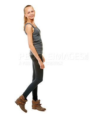 Buy stock photo Woman, portrait and pride for fashion in studio, casual aesthetic and cool on white background. Happy female person, full body and clothes on mockup space, student and confident with smile on face