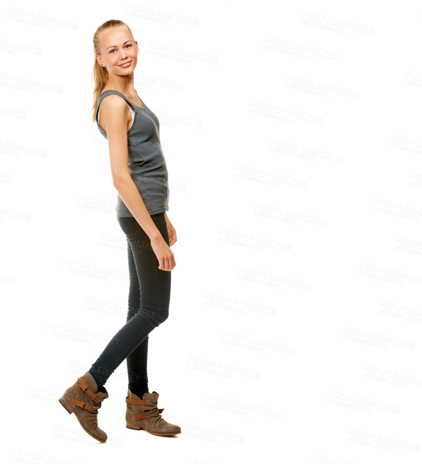 Buy stock photo Woman, portrait and pride for fashion in studio, casual aesthetic and cool on white background. Happy female person, full body and clothes on mockup space, student and confident with smile on face