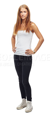 Buy stock photo Portrait, fashion and casual with a woman in studio isolated on a white background standing hands on hips. Teen style, confident and clothing with a young attractive girl model posing arms akimbo