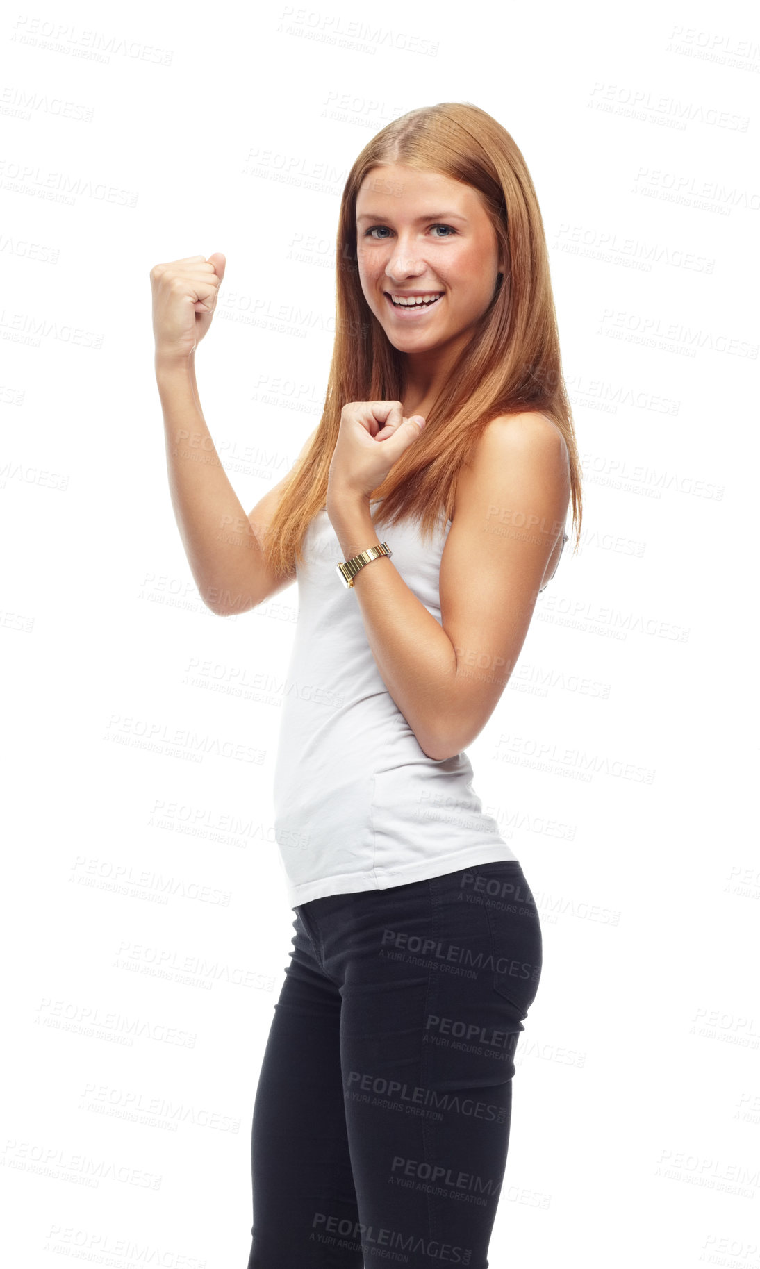 Buy stock photo Portrait, fitness and success with sports woman cheering in studio isolated on white background. Exercise, achievement and celebration with happy young athlete proud of goals or target for training