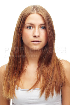 Buy stock photo Portrait, beauty and hair with redhead woman in studio isolated on white background for keratin treatment. Face, salon or skincare and natural young person with shampoo or conditioner for haircare