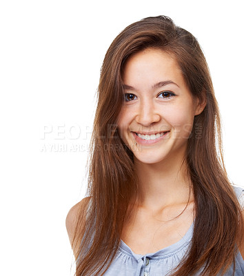 Buy stock photo Asian woman, smile and studio for hair care in white background for wellness and hygiene. Portrait, female person, happy and treatment for results with healthy, clean and satisfied with aesthetic. 