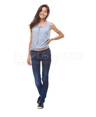 Buy stock photo Woman, portrait and proud of clothes in studio, casual aesthetic and cool on white background. Happy female person, full body and fashion on mockup space, university student and confident with smile