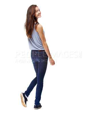 Buy stock photo Full-length studio shot of a beautiful young woman looking over her shoulder isolated on white
